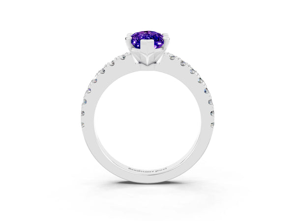 White gold Marquise Cut Solitaire Tanzanite with Pavé Band and Four-Prong Setting