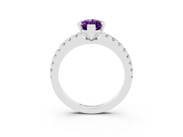Platinum Marquise Cut Solitaire Amethyst with Pavé Band and Four-Prong Setting