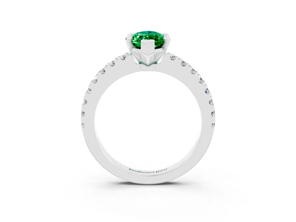 White gold Marquise Cut Solitaire Emerald with Pavé Band and Four-Prong Setting