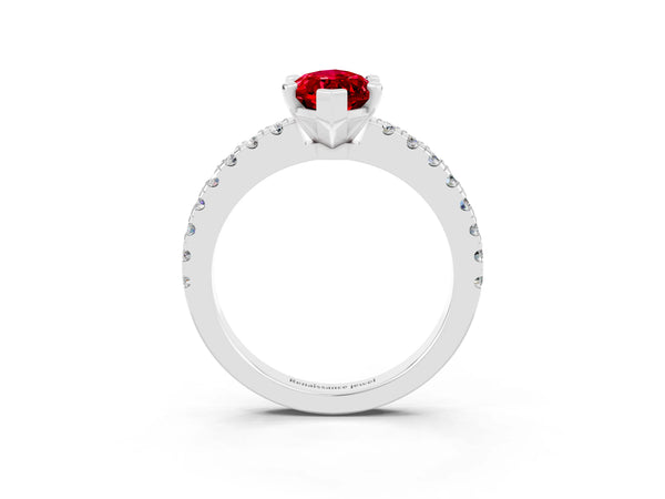 Platinum Marquise Cut Solitaire Ruby with Pavé Band and Four-Prong Setting