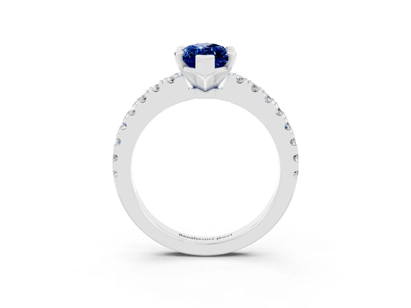 Silver Marquise Cut Solitaire Blue Sapphire with Pavé Band and Four-Prong Setting