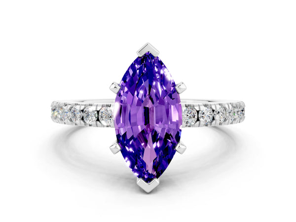 White gold Marquise Cut Solitaire Tanzanite with Pavé Band and Four-Prong Setting