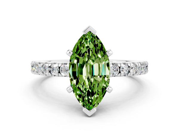 White gold Marquise Cut Solitaire Peridot with Pavé Band and Four-Prong Setting