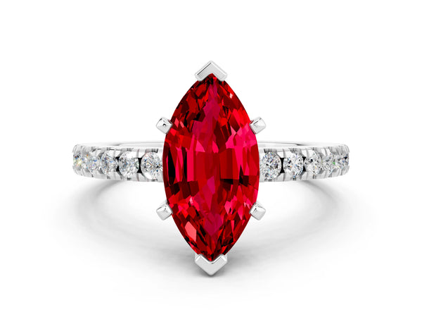 Silver Marquise Cut Solitaire Ruby with Pavé Band and Four-Prong Setting
