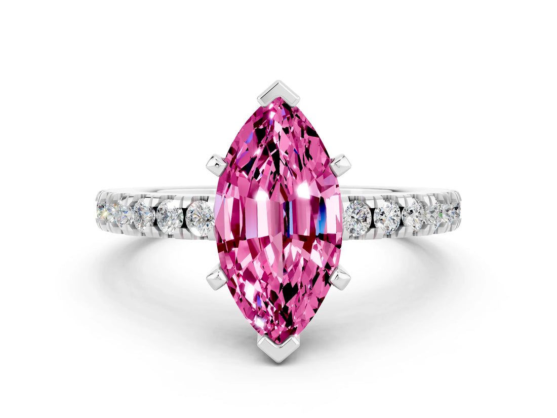 White gold Marquise Cut Solitaire Diamond with Pavé Band and Four-Prong Setting