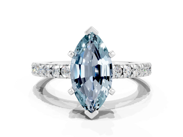 Platinum Marquise Cut Solitaire Aquamarine with Pavé Band and Four-Prong Setting