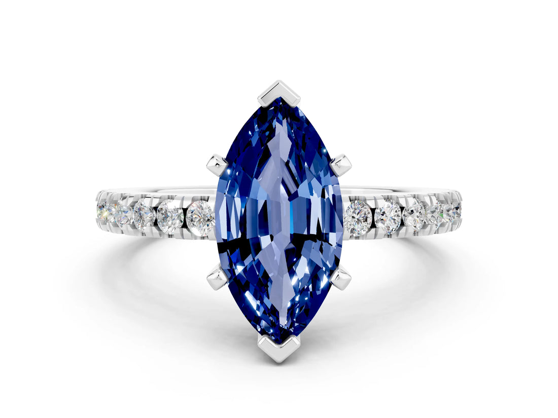 White gold Marquise Cut Solitaire Diamond with Pavé Band and Four-Prong Setting