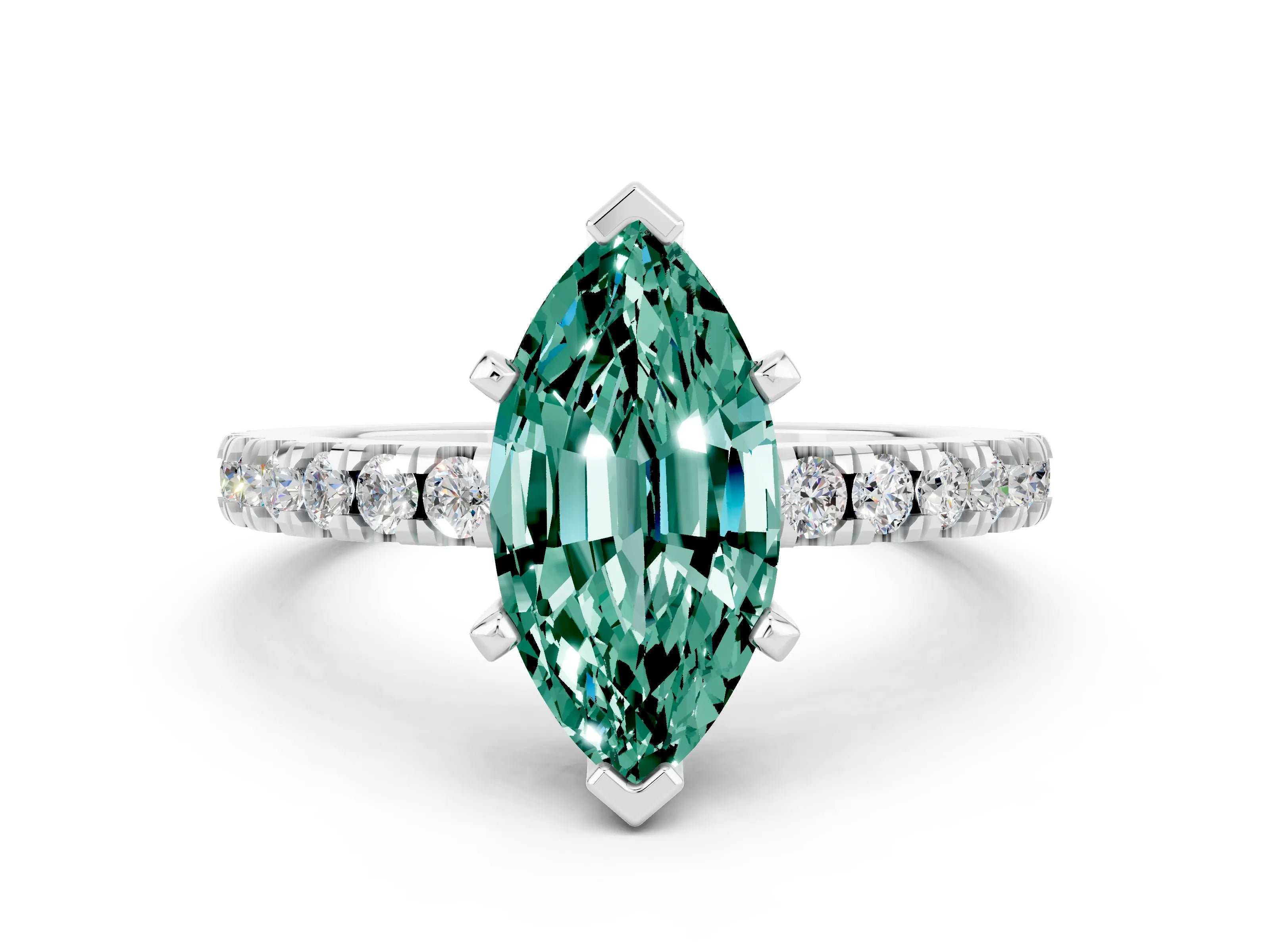 White gold Marquise Cut Solitaire Diamond with Pavé Band and Four-Prong Setting