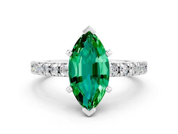 Silver Marquise Cut Solitaire Emerald with Pavé Band and Four-Prong Setting