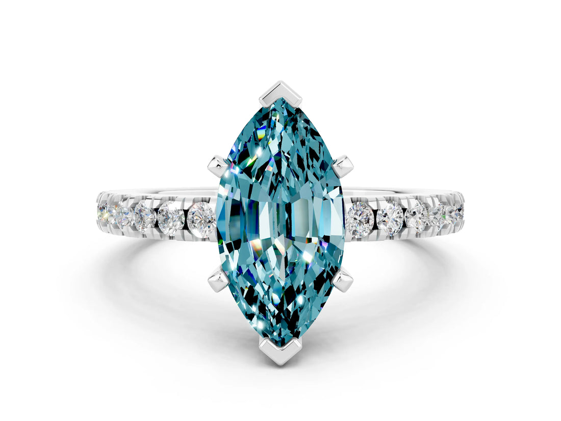 White gold Marquise Cut Solitaire Diamond with Pavé Band and Four-Prong Setting