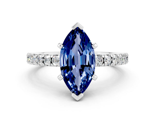 Platinum Marquise Cut Solitaire Blue Sapphire with Pavé Band and Four-Prong Setting