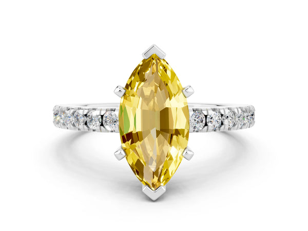 Silver Marquise Cut Solitaire Yellow Sapphire with Pavé Band and Four-Prong Setting