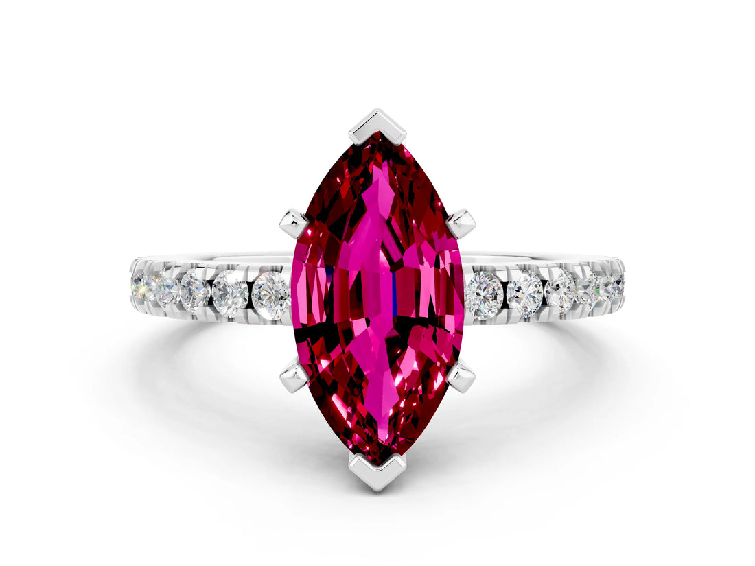 White gold Marquise Cut Solitaire Diamond with Pavé Band and Four-Prong Setting