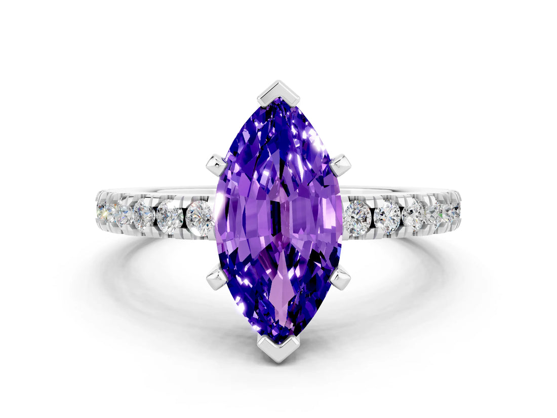 White gold Marquise Cut Solitaire Diamond with Pavé Band and Four-Prong Setting