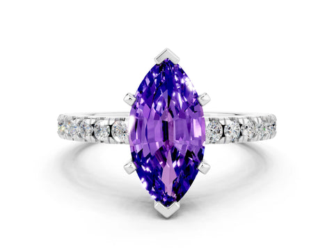 White gold Marquise Cut Solitaire Diamond with Pavé Band and Four-Prong Setting
