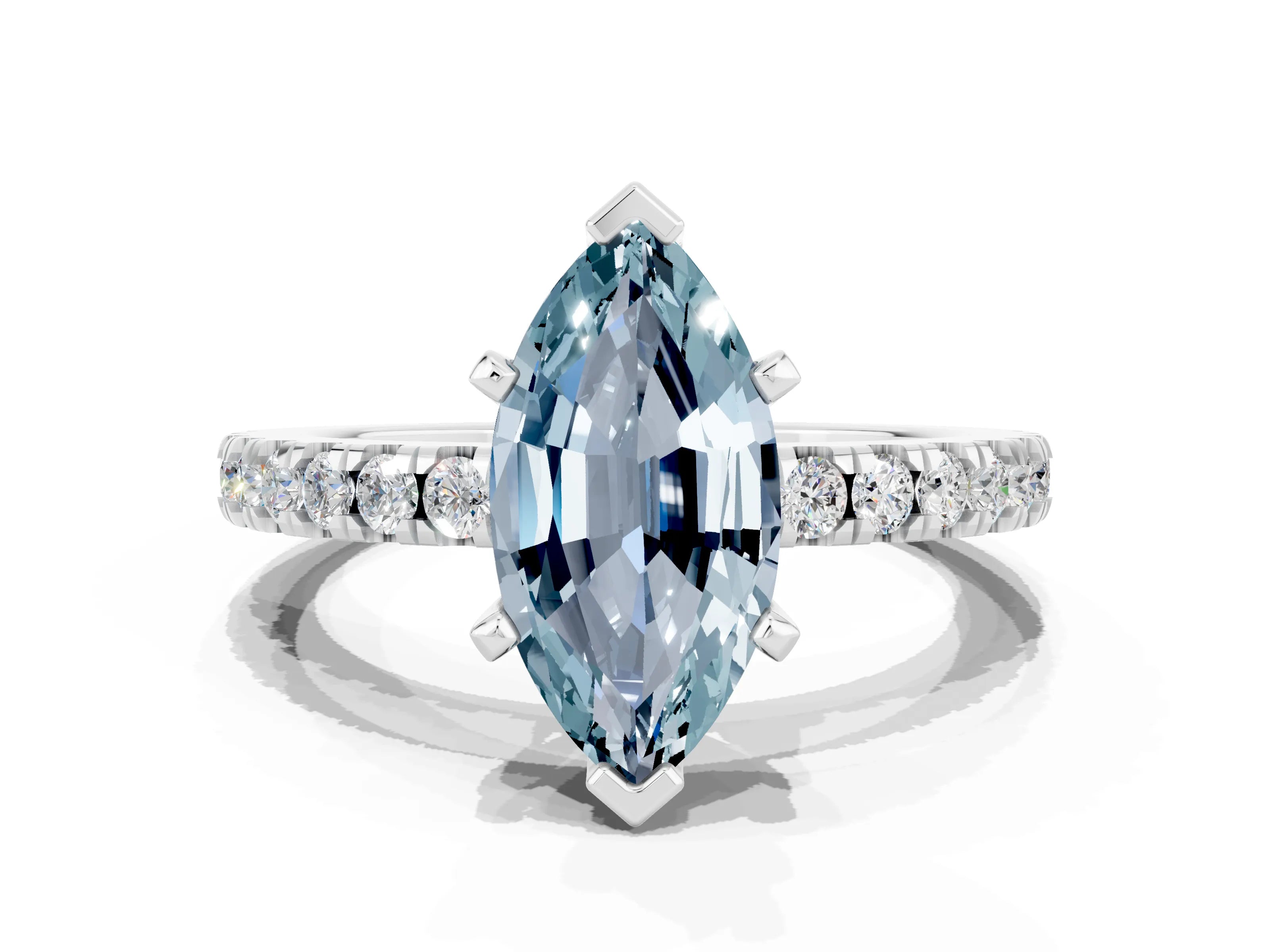 White gold Marquise Cut Solitaire Diamond with Pavé Band and Four-Prong Setting