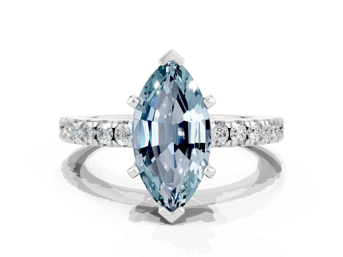 White gold Marquise Cut Solitaire Diamond with Pavé Band and Four-Prong Setting