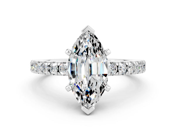 Silver Marquise Cut Solitaire Moissanite with Pavé Band and Four-Prong Setting