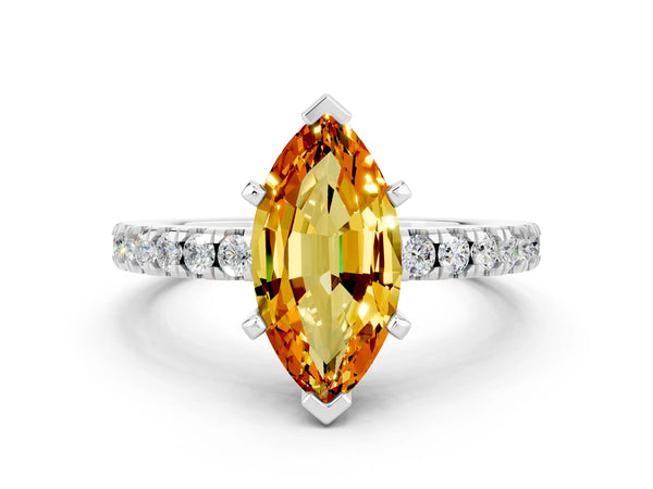 Silver Marquise Cut Solitaire Citrine with Pavé Band and Four-Prong Setting