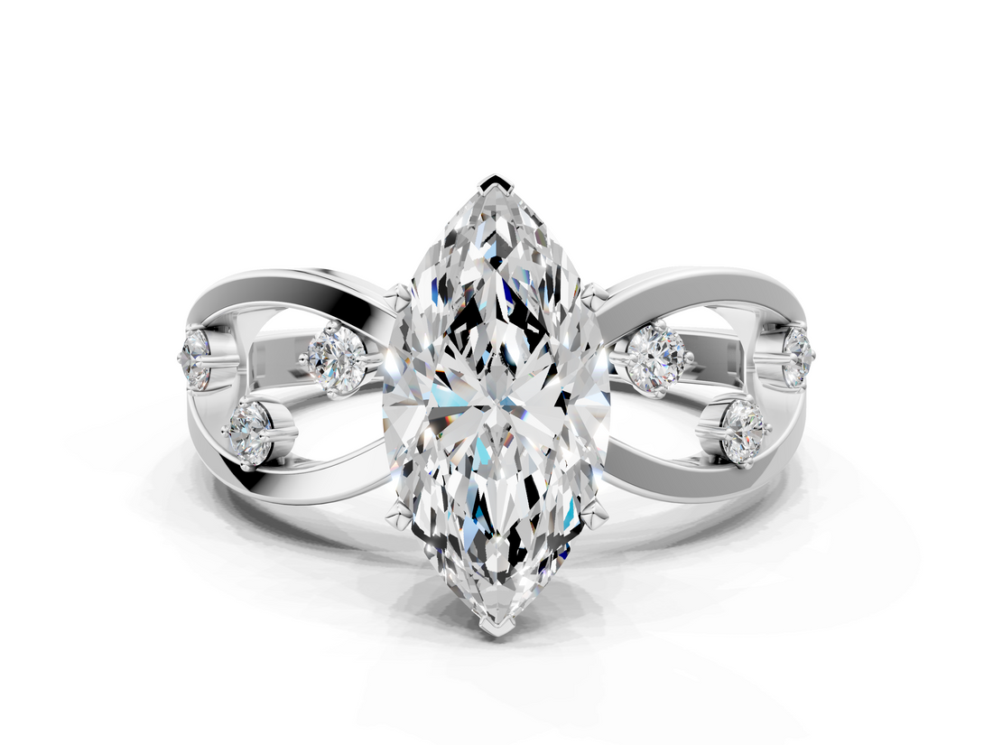 White gold Marquise Cut Solitaire Diamond with Side Stones on Criss-Cross Band and Four-Prong Setting_24