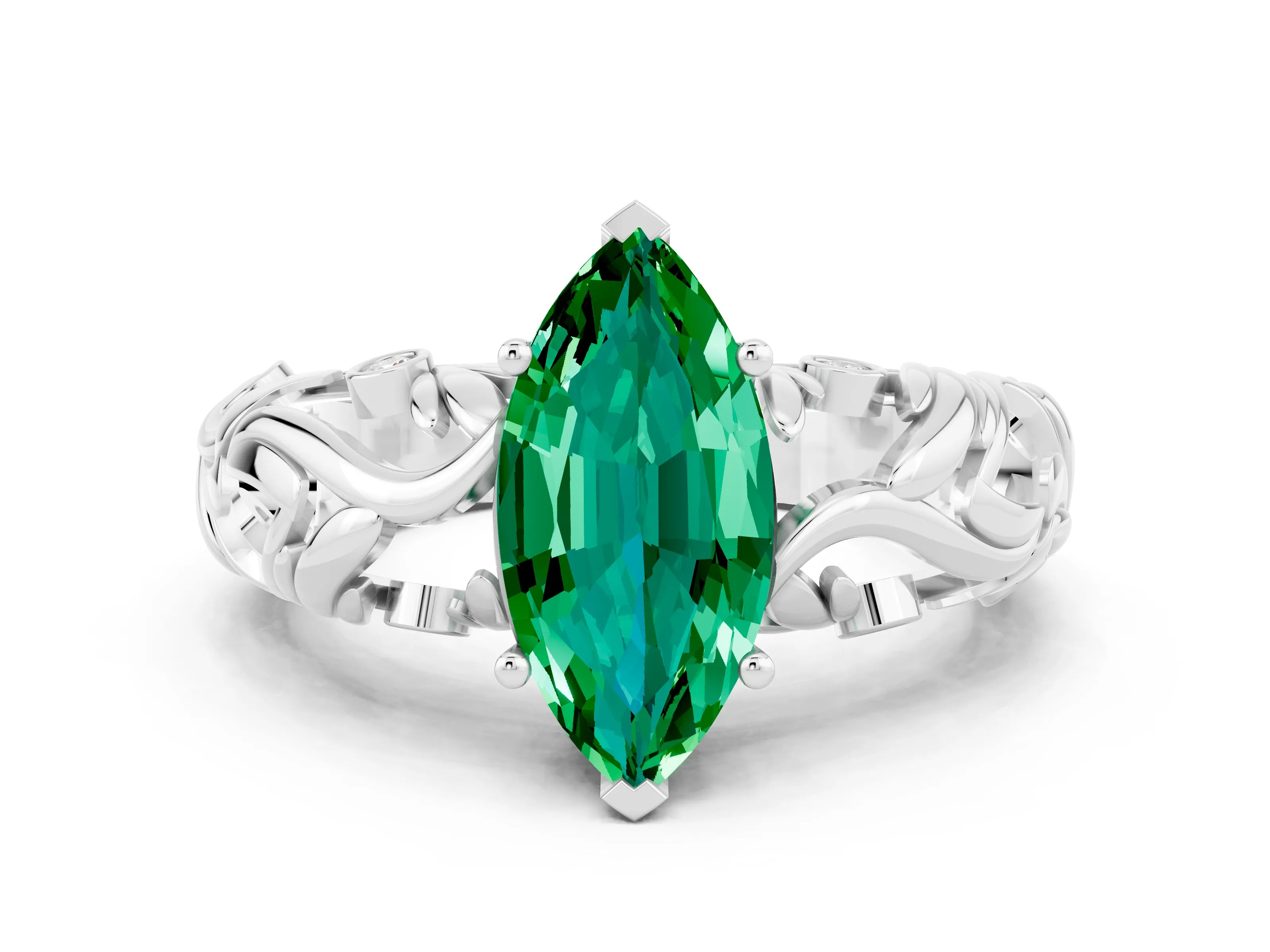 White gold Marquise Cut Solitaire Emerald Leaf-Inspired Vine Band Ring with Prong Setting