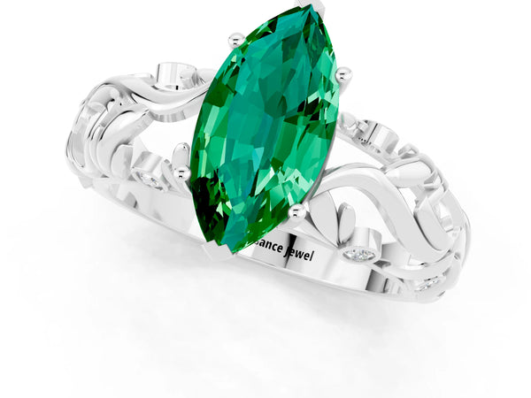 Silver Marquise Cut Solitaire Emerald Leaf-Inspired Vine Band Ring with Prong Setting