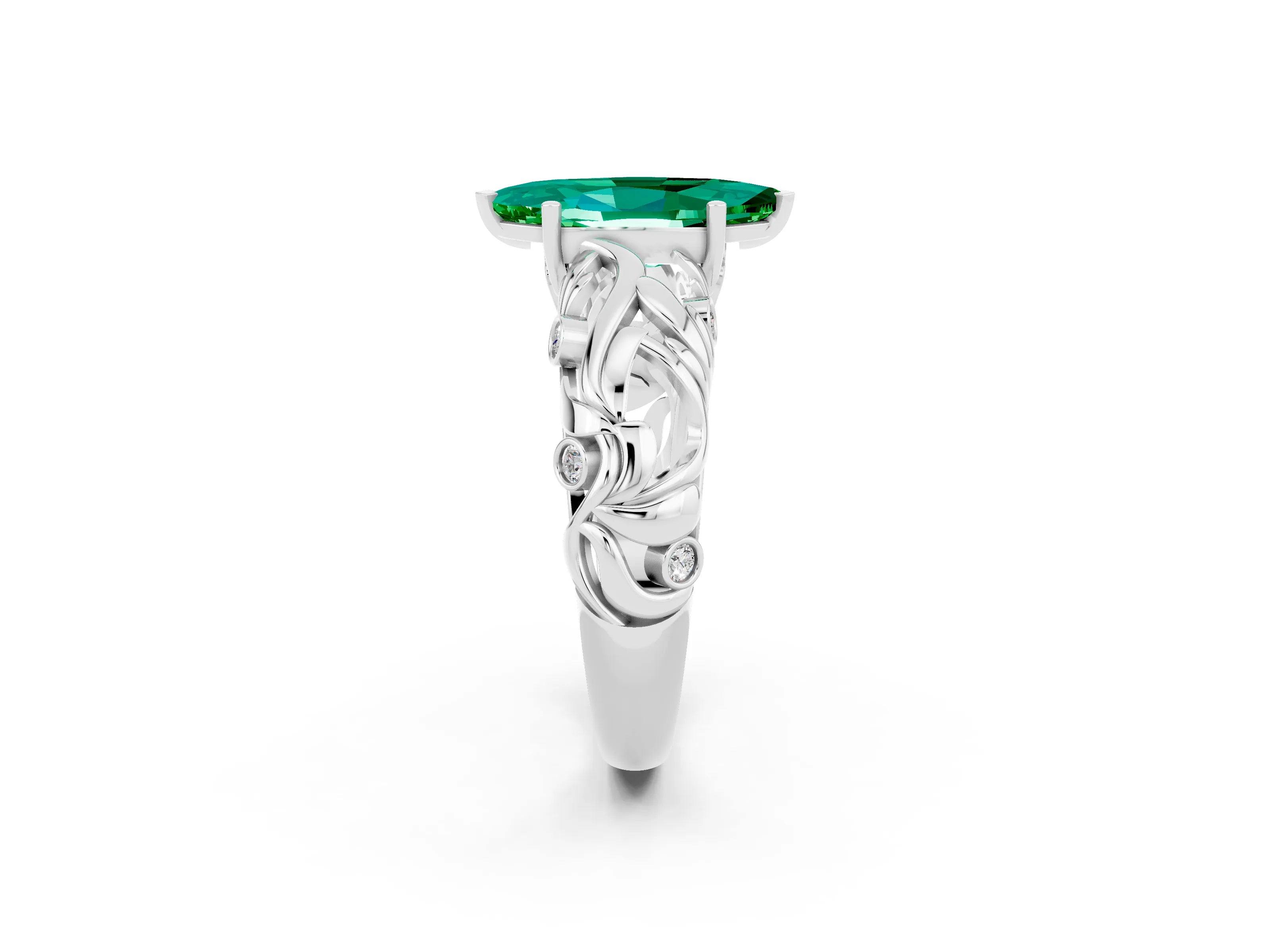 White gold Marquise Cut Solitaire Emerald Leaf-Inspired Vine Band Ring with Prong Setting_2