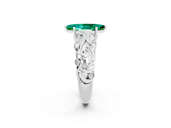 White gold Marquise Cut Solitaire Emerald Leaf-Inspired Vine Band Ring with Prong Setting