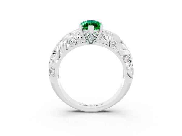 Silver Marquise Cut Solitaire Emerald Leaf-Inspired Vine Band Ring with Prong Setting