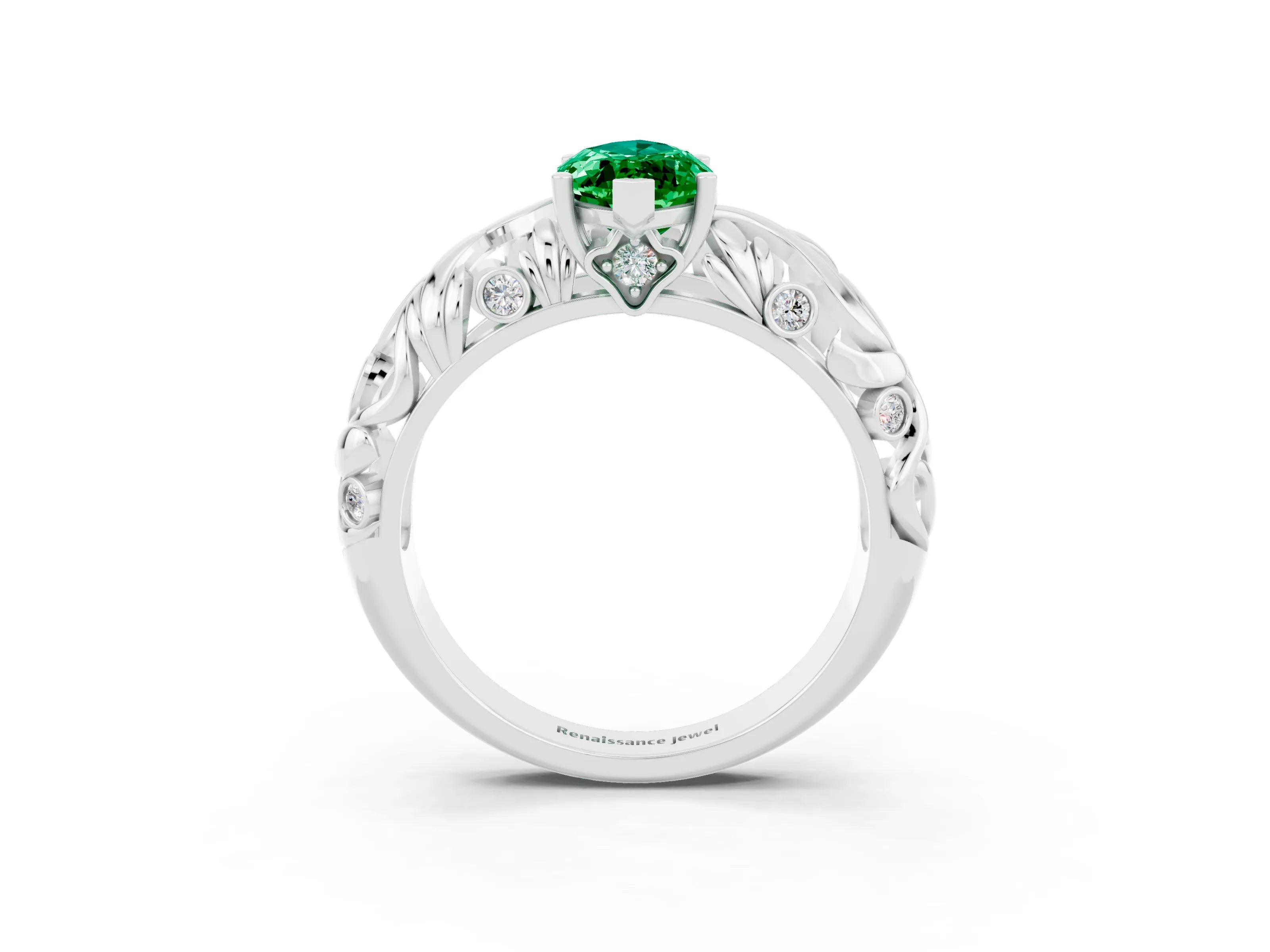White gold Marquise Cut Solitaire Emerald Leaf-Inspired Vine Band Ring with Prong Setting_3
