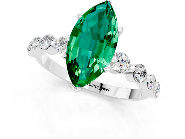 Platinum Marquise Cut Solitaire Emerald Ring with Pave Band and Four-Prong Setting