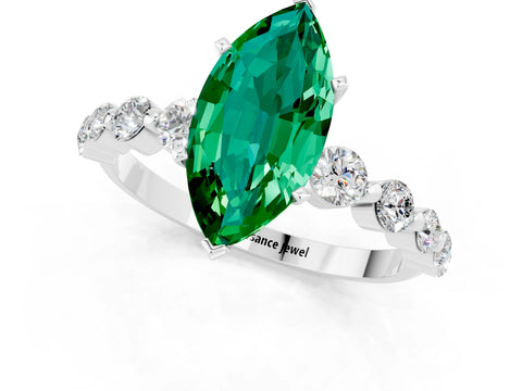 White gold Marquise Cut Solitaire Emerald Ring with Pave Band and Four-Prong Setting_1