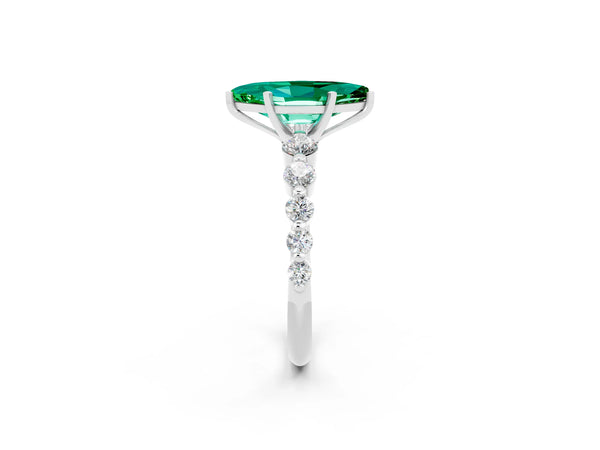 Silver Marquise Cut Solitaire Emerald Ring with Pave Band and Four-Prong Setting