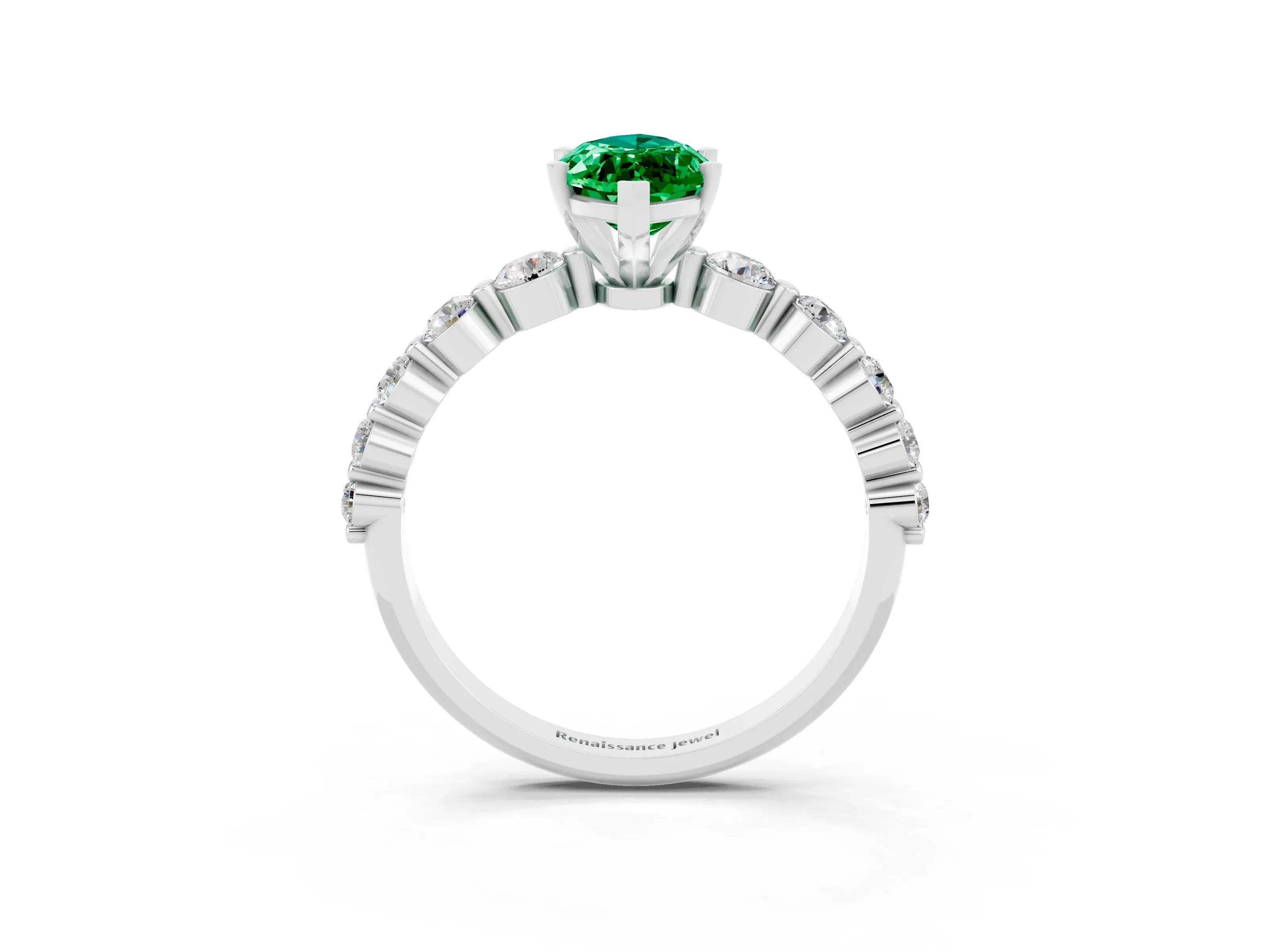 White gold Marquise Cut Solitaire Emerald Ring with Pave Band and Four-Prong Setting_3