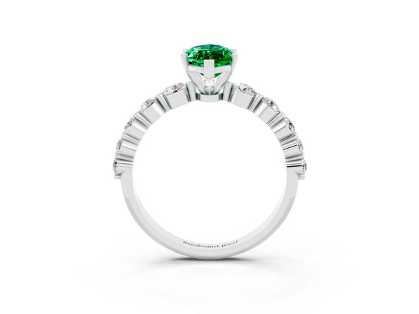Silver Marquise Cut Solitaire Emerald Ring with Pave Band and Four-Prong Setting