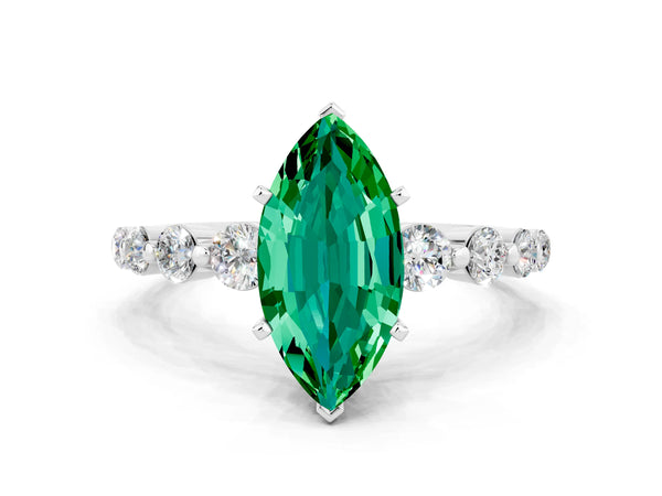 White gold Marquise Cut Solitaire Emerald Ring with Pave Band and Four-Prong Setting