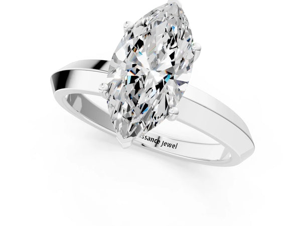 White gold Marquise Cut Solitaire Engagement Ring with Flat Band and Four-Prong Setting