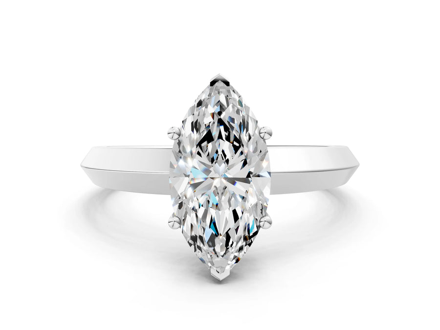 White gold Marquise Cut Solitaire Engagement Ring with Flat Band and Four-Prong Setting
