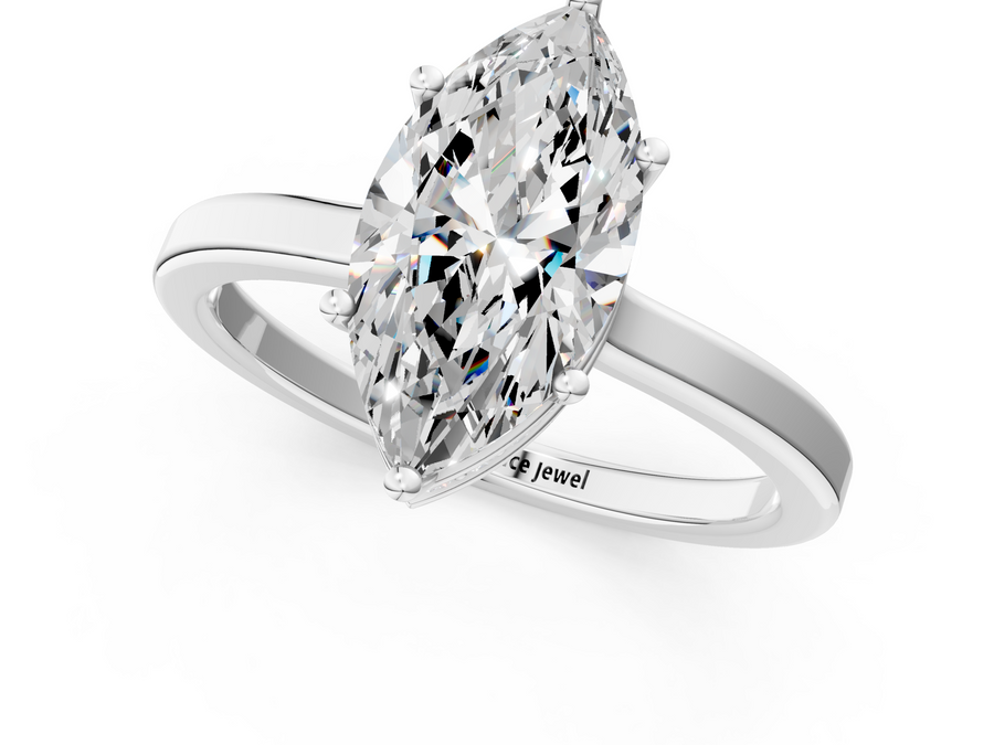 White gold Marquise Cut Solitaire Engagement Ring with Four-Prong Setting on a Classic Band