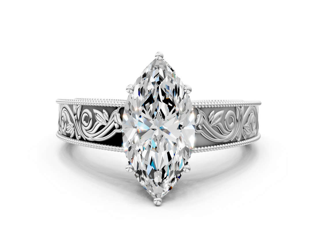 White gold Marquise Cut Solitaire Engraved Band with Four-Prong Setting_61