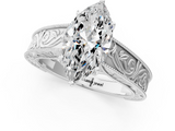 White gold Marquise Cut Solitaire Engraved Band with Four-Prong Setting_61