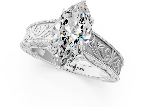 Platinum Marquise Vintage Solitaire Engagement Ring Setting with Leaf Scroll Engraved Band