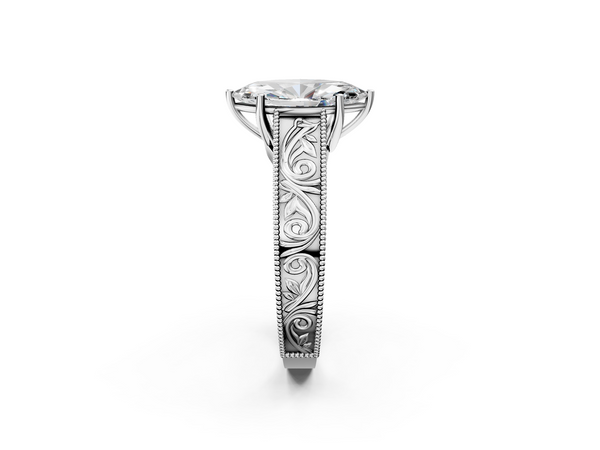 Sterling Silver Marquise Vintage Solitaire Engagement Ring Setting with Leaf Scroll Engraved Band