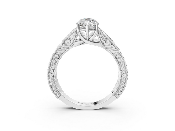 Sterling Silver Marquise Vintage Solitaire Engagement Ring Setting with Leaf Scroll Engraved Band