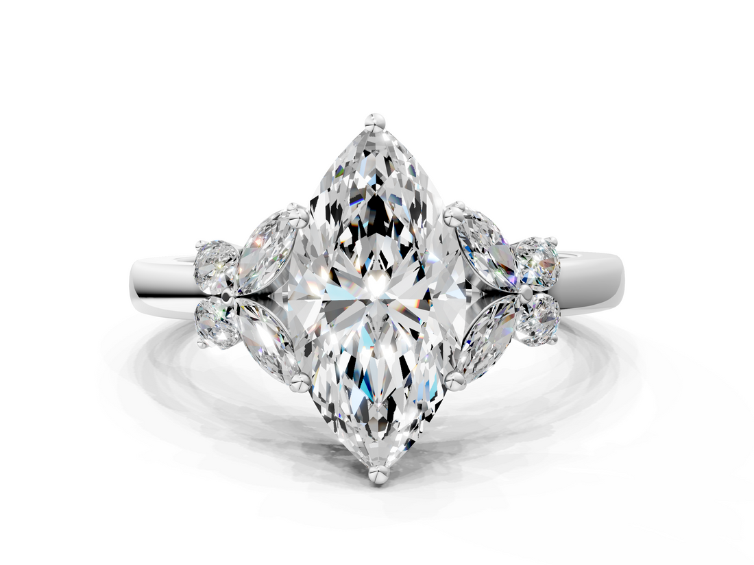 White gold Marquise Cut Solitaire Floral Diamond Ring with Four-Prong Setting_53