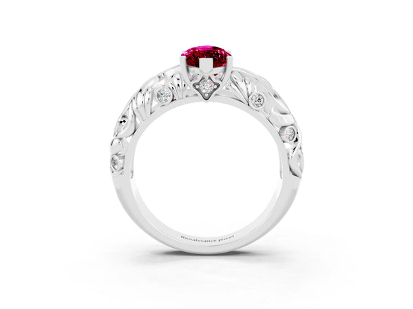 White gold Marquise Cut Solitaire Garnet Leaf-Inspired Vine Band Ring with Prong Setting