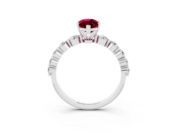 Silver Marquise Cut Solitaire Garnet Ring with Pave Band and Four-Prong Setting