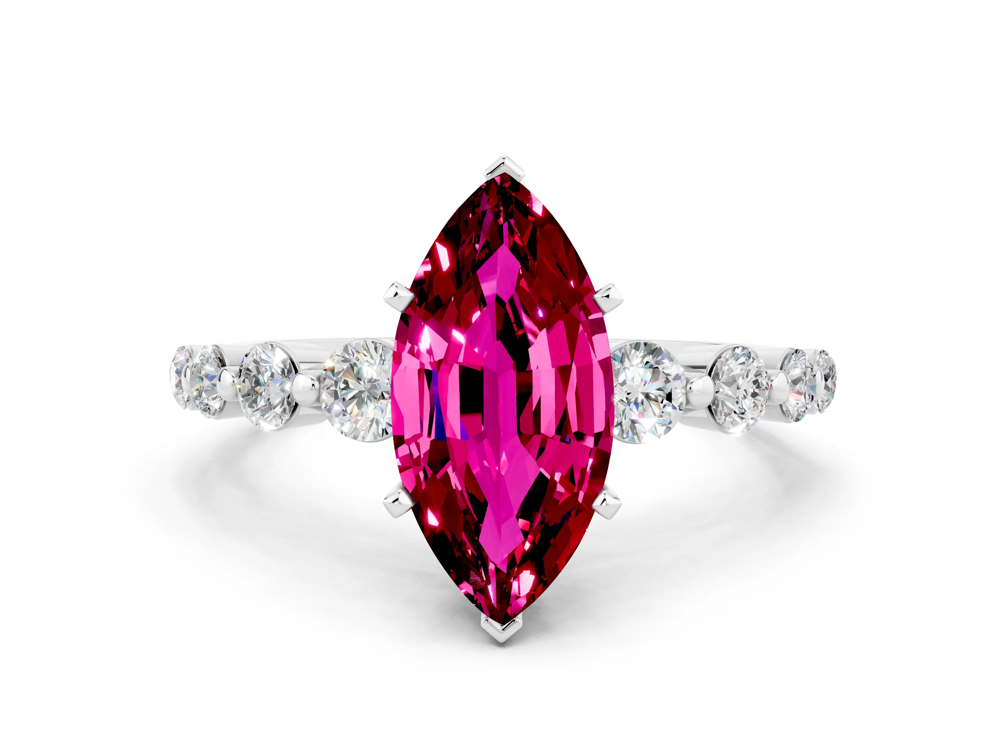 White gold Marquise Cut Solitaire Garnet Ring with Pave Band and Four-Prong Setting