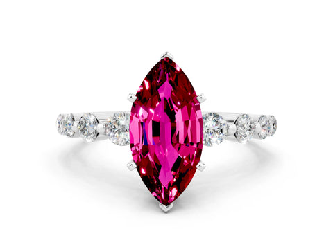 White gold Marquise Cut Solitaire Garnet Ring with Pave Band and Four-Prong Setting