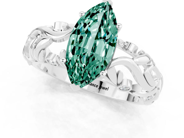 White gold Marquise Cut Solitaire Green Sapphire Leaf-Inspired Vine Band Ring with Prong Setting